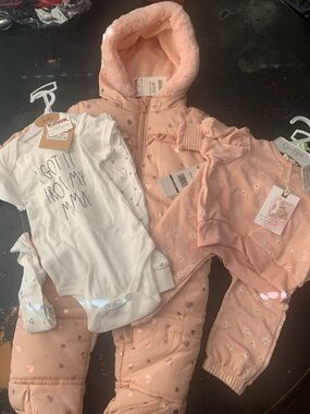 Baby Pink Heart Snowsuit & Star Sweatset with White Bodysuit
